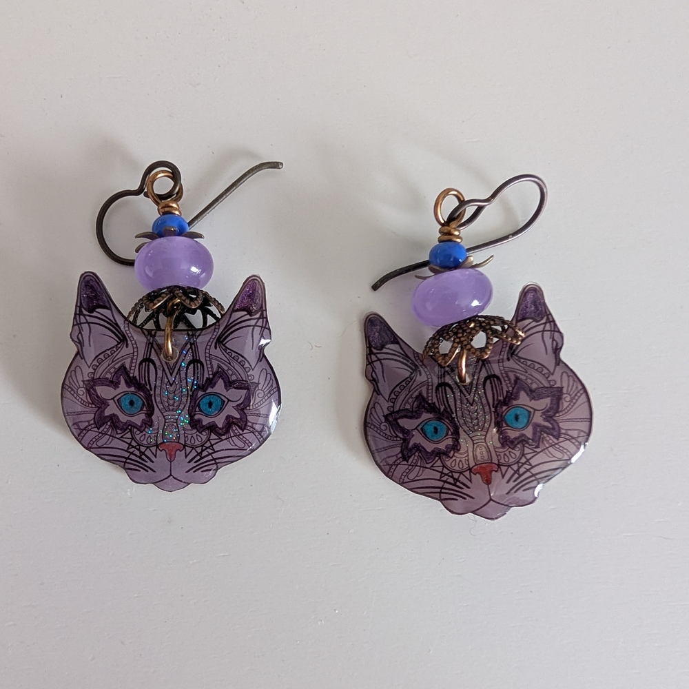 Hand-Made Resin Purple Cat Earrings